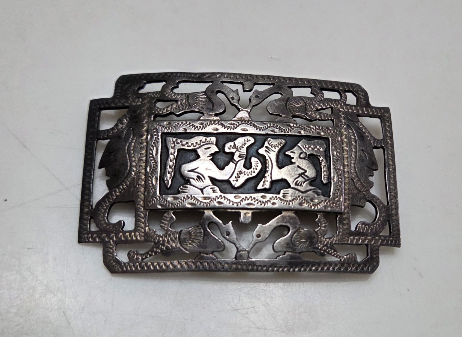 Antique 900 Silver Brooch Story Tellers Guatemala Warrior Mayan Inca 2″ Enamel