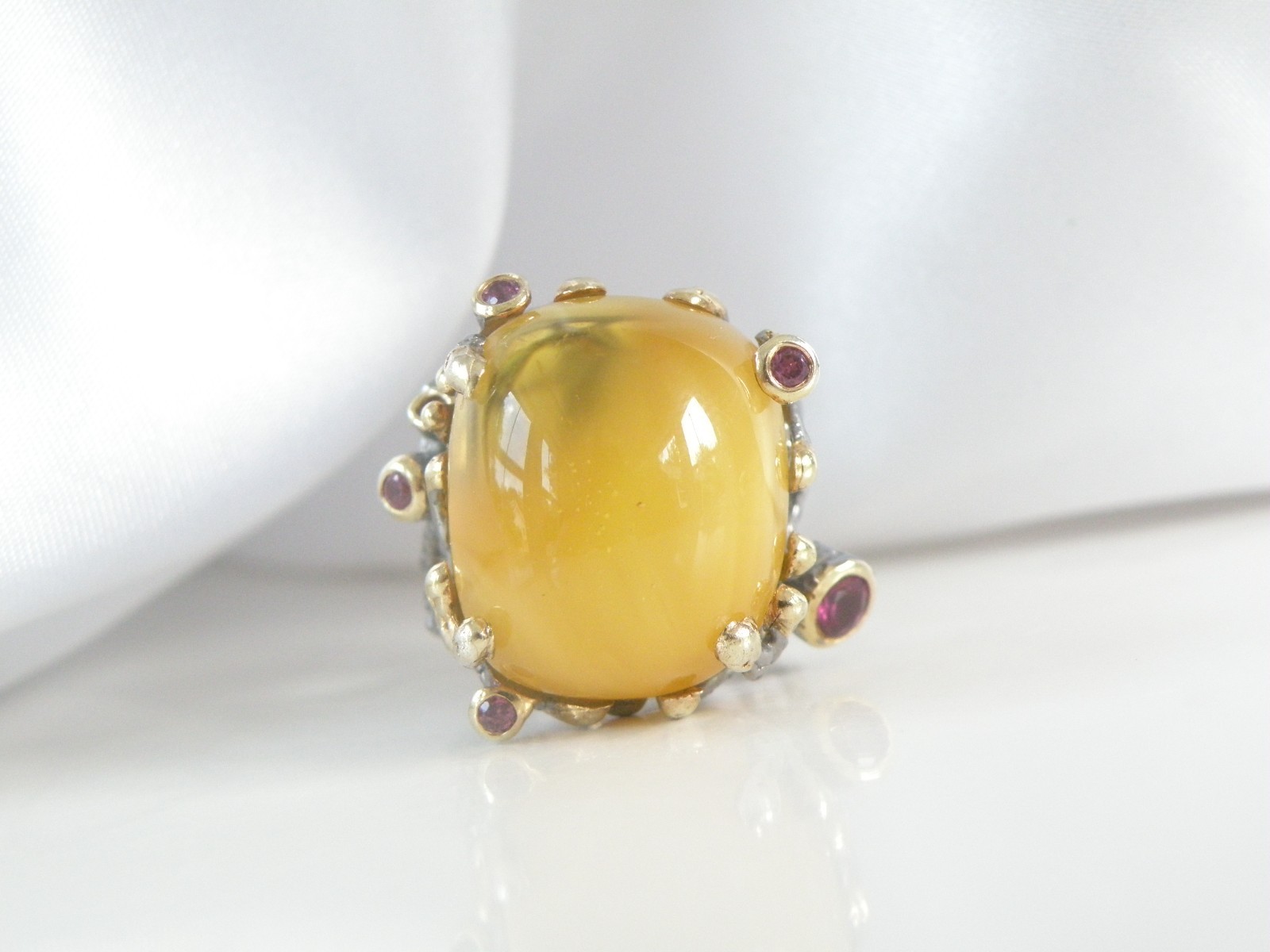 Brutalist Sterling Silver 925 Huge Butterscotch Amber Modern Statement Ring 7.5