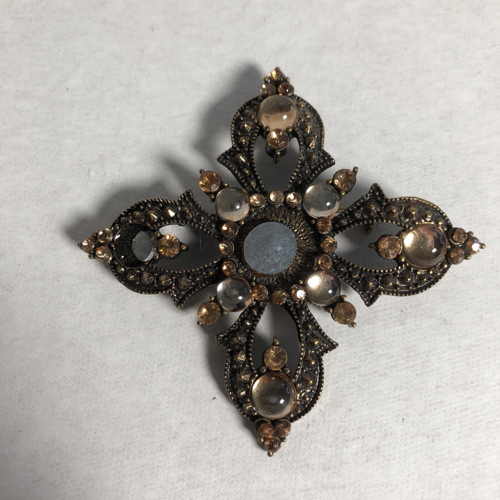 Vintage Antiqued Gold Tone Rhinestones Mirror Pin Brooch Maltese Cross 2 1/4 In
