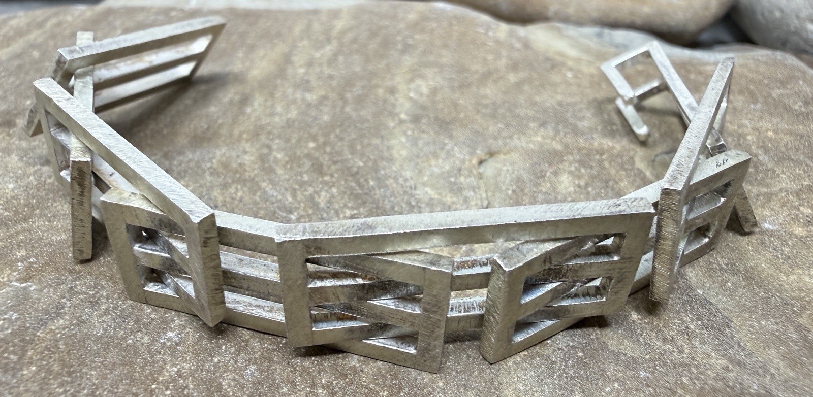 Mid Century Modernist Artisan Sterling Silver Rectangle Sculptural Bracelet 6″
