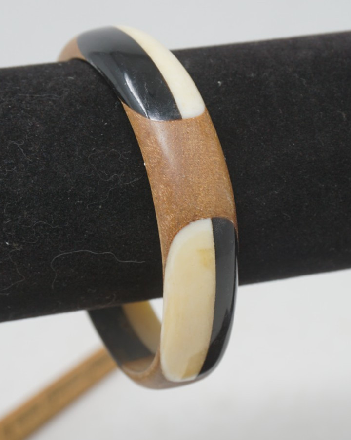 Vintage Bangle Bracelet 3 Tone Brown Wood Black and Cream Lucite