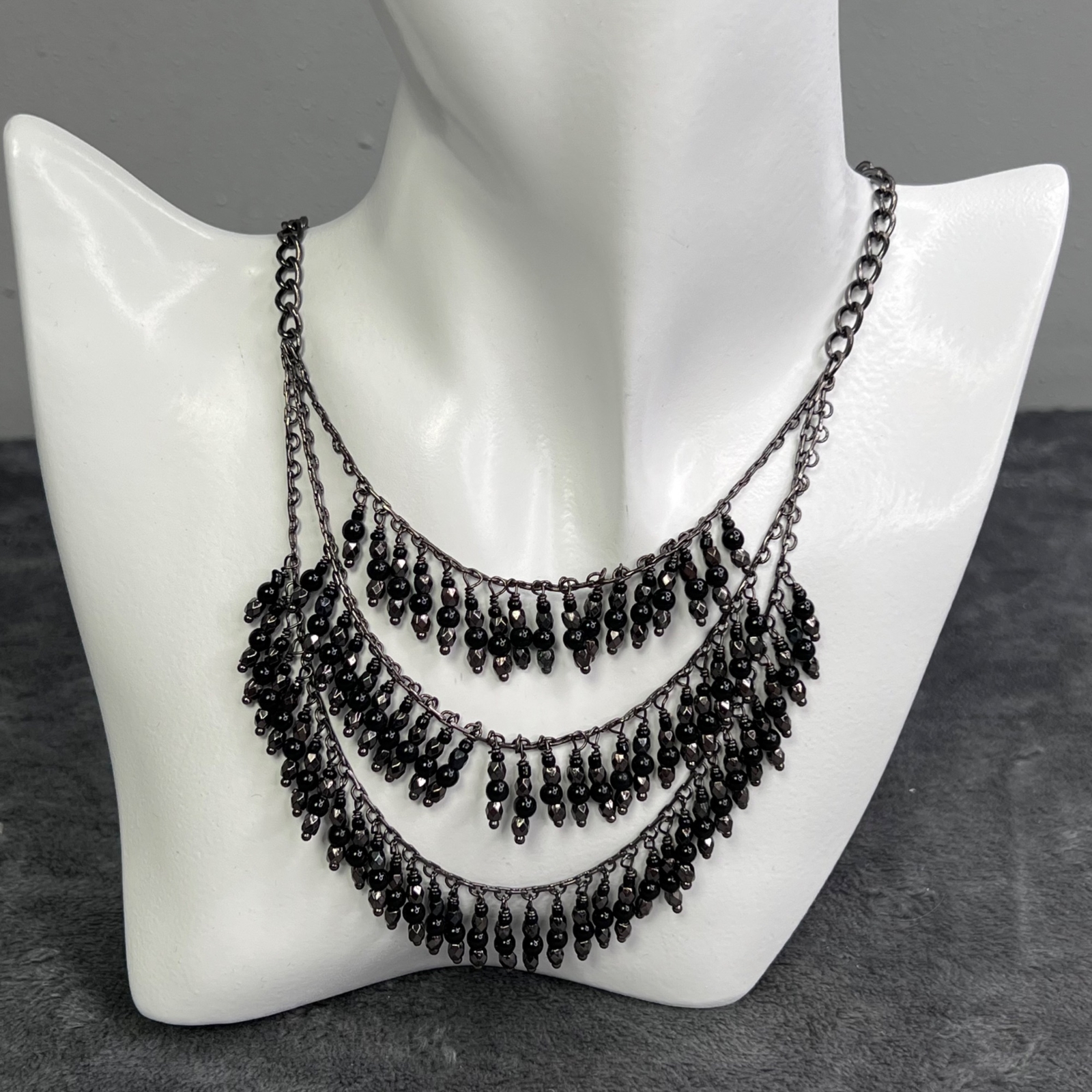 Talbots Layered Fringe Necklace Statement Black Beaded Gunmetal Dangle 20 in
