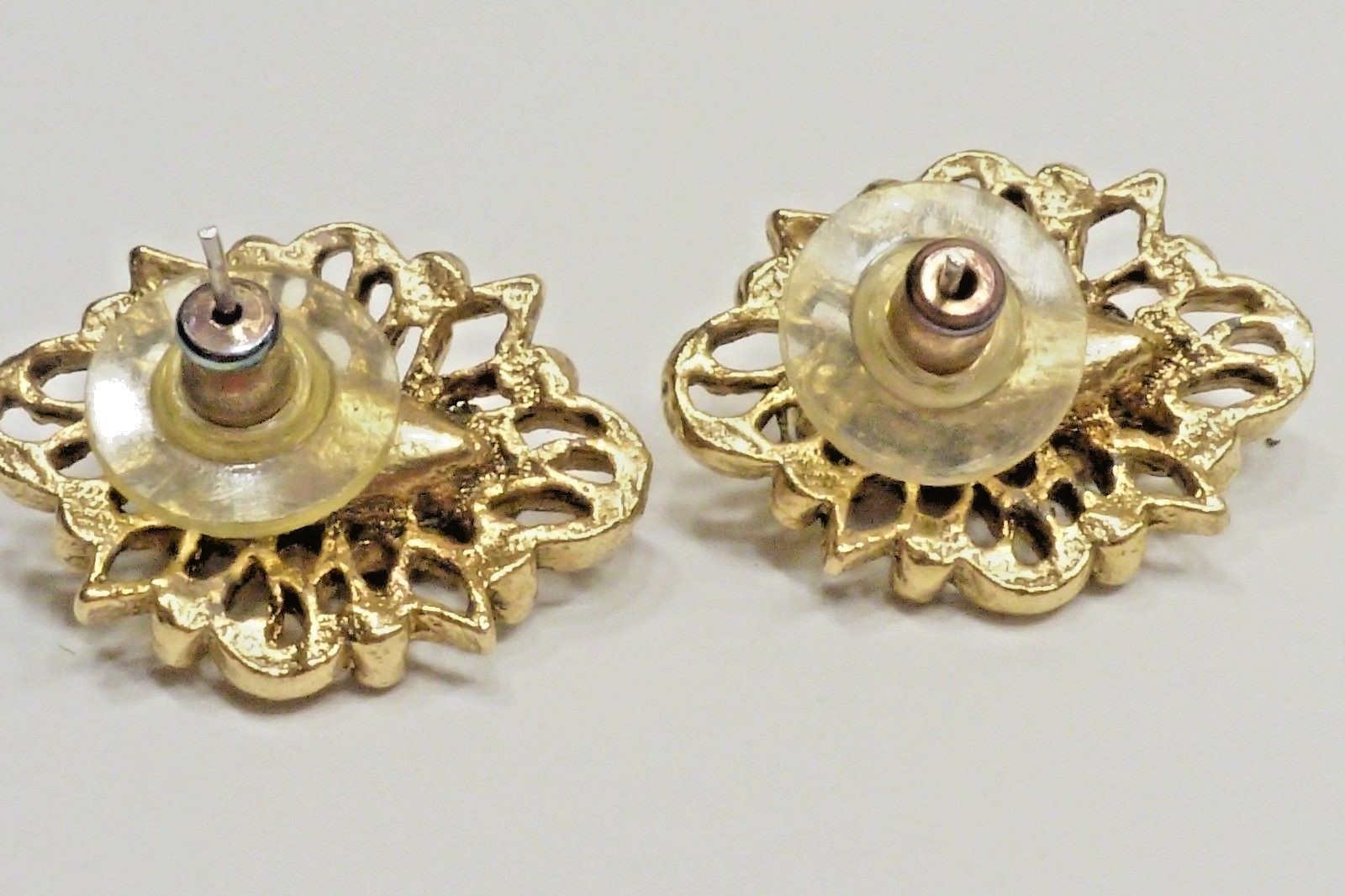 A53) Victorian Style Purple & Faux Opal Crystal & in Antique Gold-tone Earrings