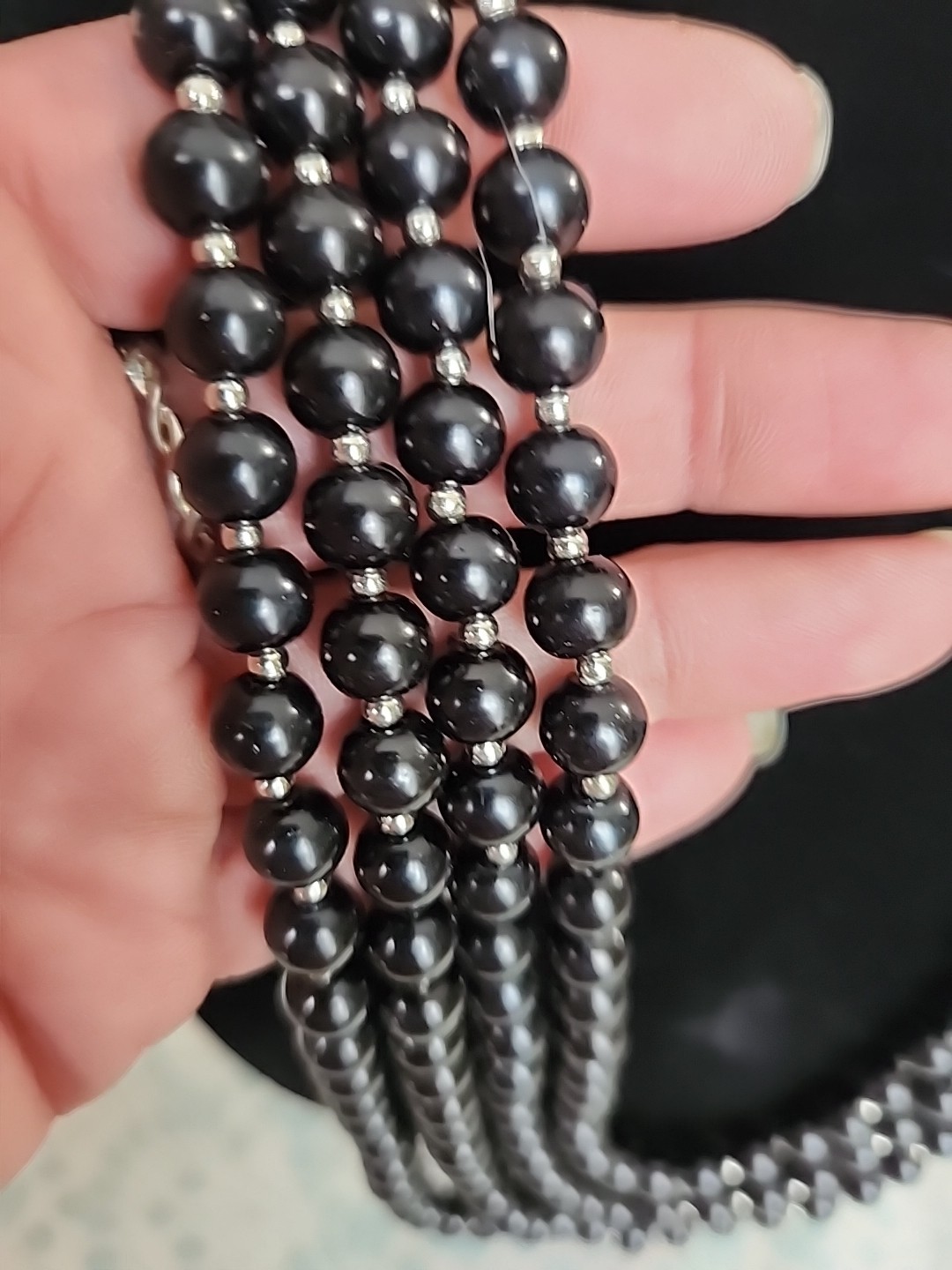 NWT JTV BLACK ONYX MULTI STRAND Long Beaded Necklacew Silver Spacers Statement