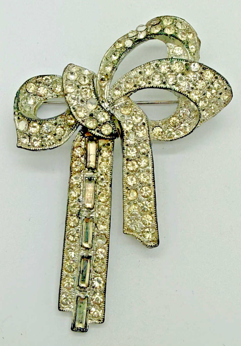 Antique Paste Rhinestone Rhodium Plated Bow Pin Circa 1920S Pre-Art Deco O1