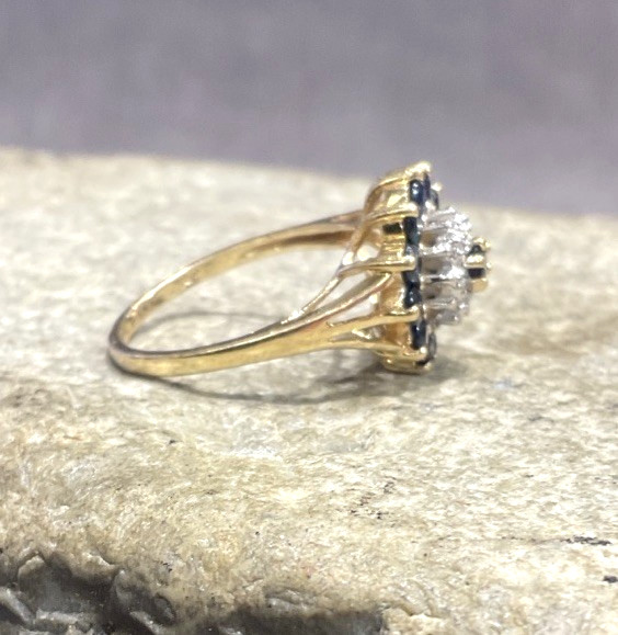 Vintage 14k Yellow Gold Sapphire & Diamond Cluster Halo Ladies Ring
