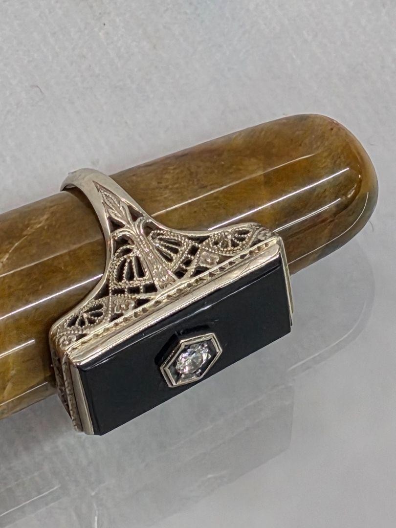 Victorian 14k White Gold Filigree Diamond & Black Onyx Ring Size 4.75