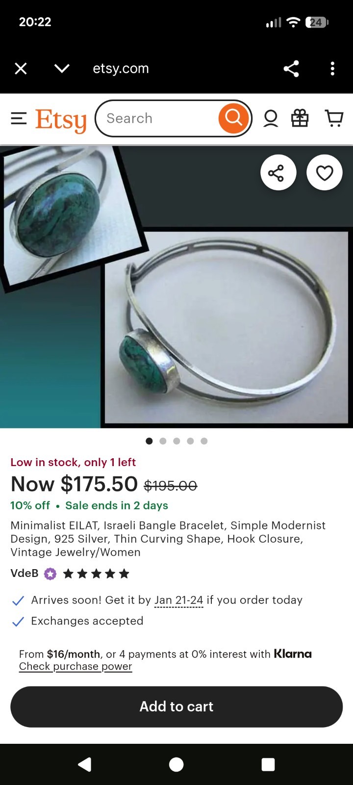 925 Israel Sterling Silver 6.75″ Antique Chrysocolla Tension Bangle Bracelet
