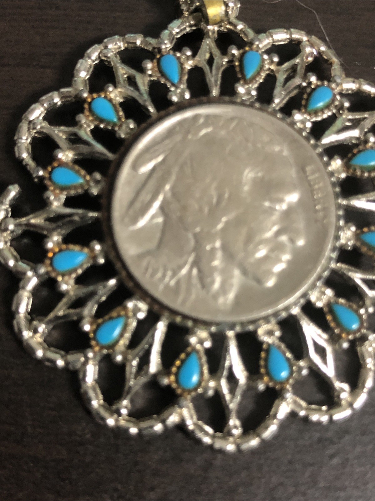 Vintage 1970s Buffalo Nickel Coin Pendent Faux Turquoise Silver Tone Necklace