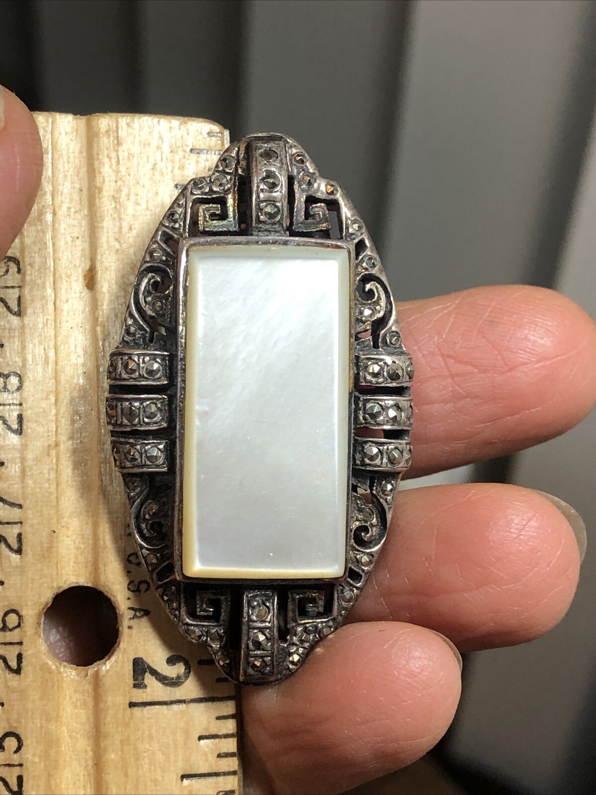 22. Art Deco Sterling Silver 925 MOP Marcasite Shadow Box Throat Pin 45mm, 17.3g
