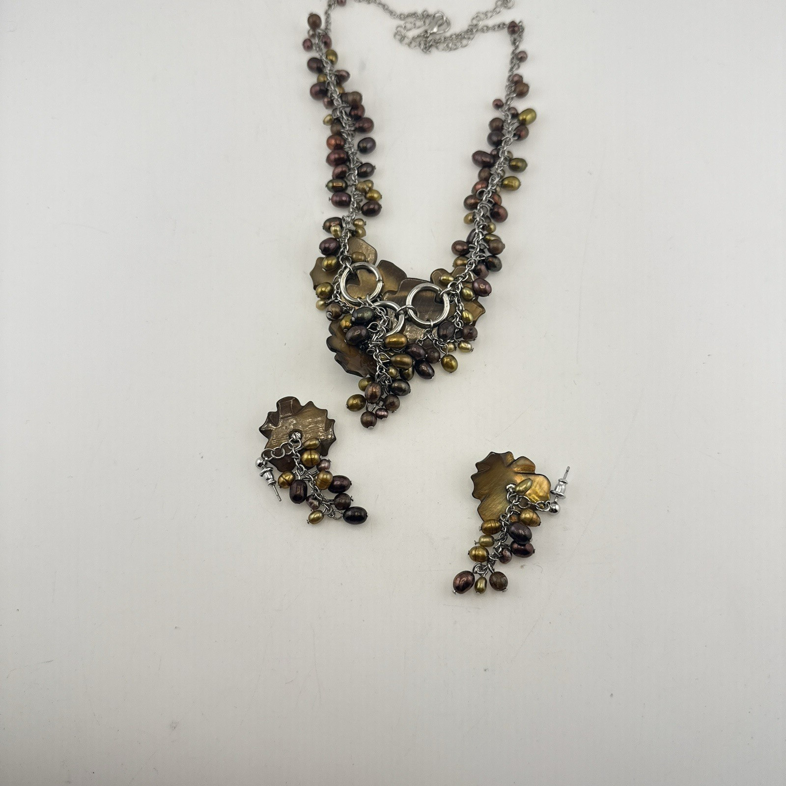 Tigers Eye Pearl Necklace Earrings Set Floral Waterfall Cluster Silver Tone QVC