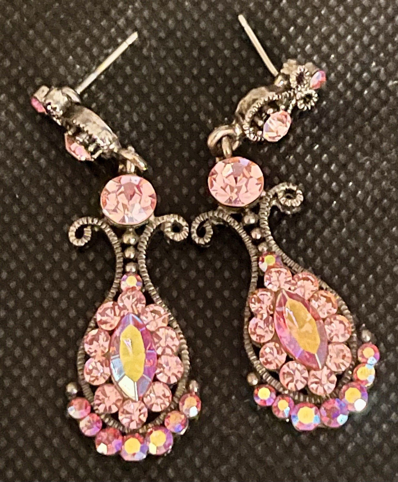 SNK Pink AB Quality Crystal Chandelier Earrings Gunmetal Base Art Deco Victorian