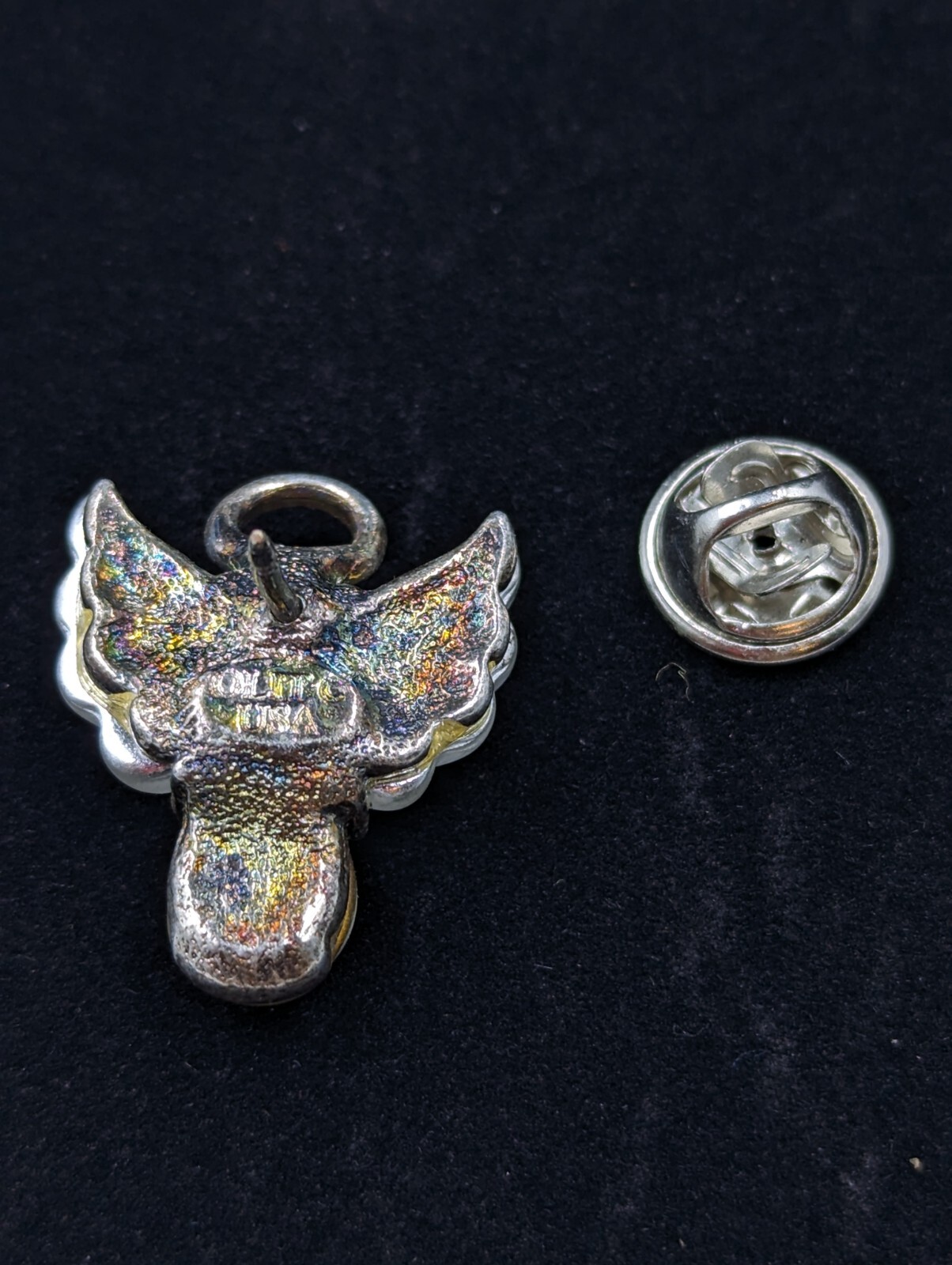 Rare! Vintage LIT USA Silver Tone Faux AB Lucite & Rhinestone Angel Pin K055