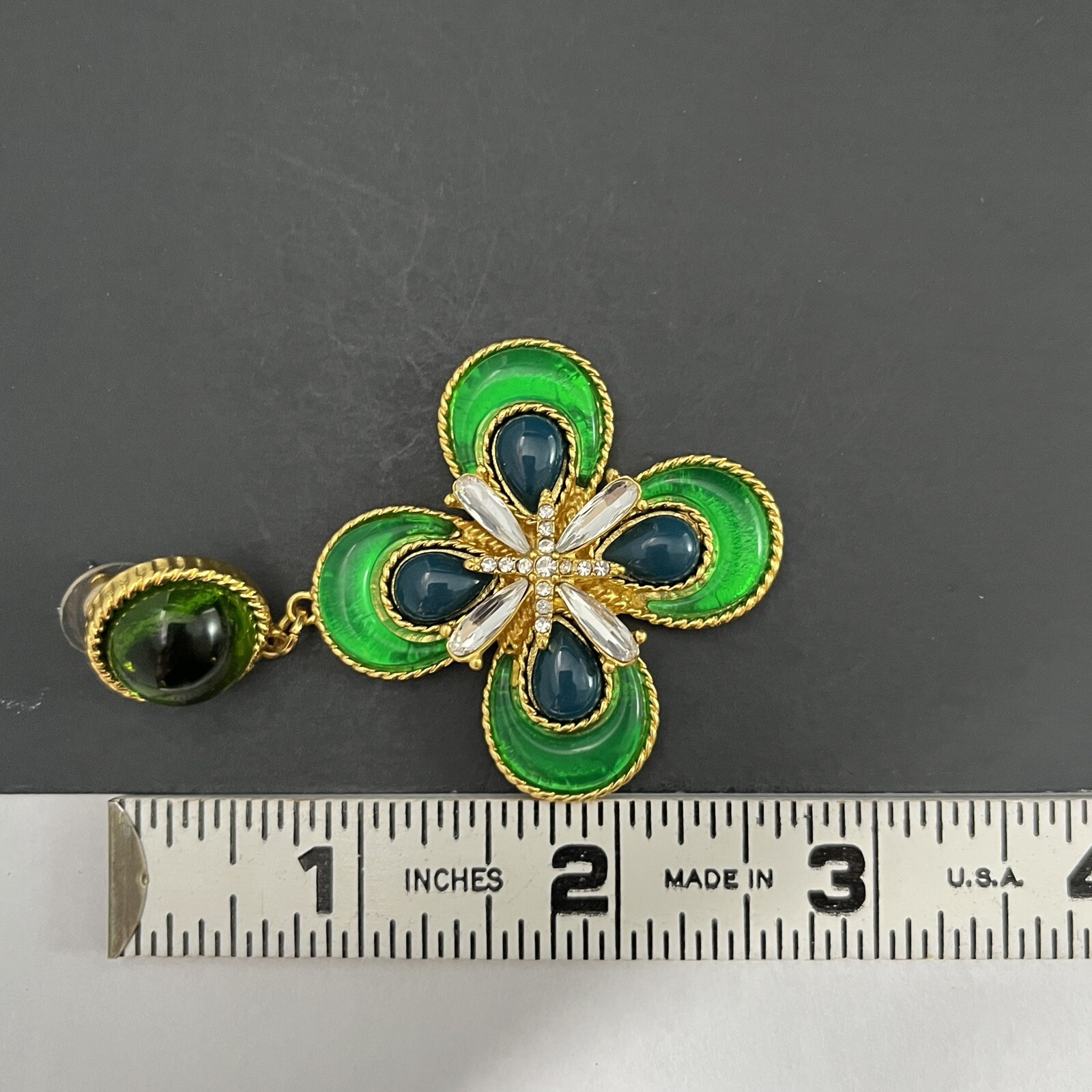 Gripoix Style Maltese Cross Earrings Green Glass Cabochon Gold Pierced Dangle