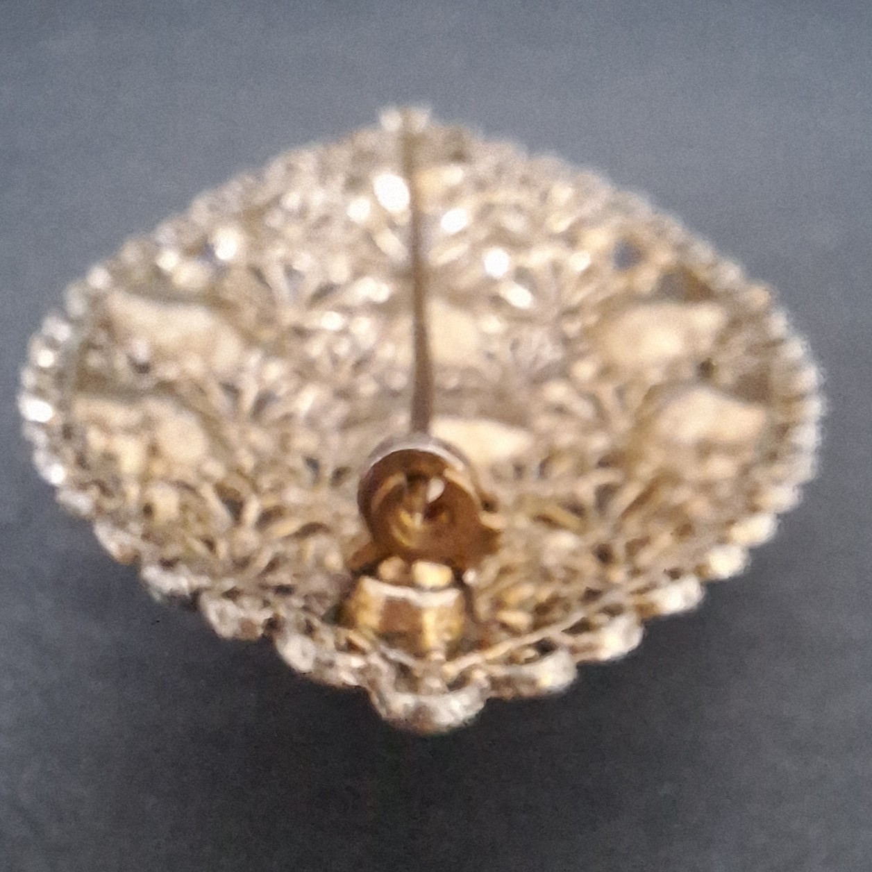 New England Glass Works Brooch Silver Tone Floral Filigree Czech Rhinestones VTG