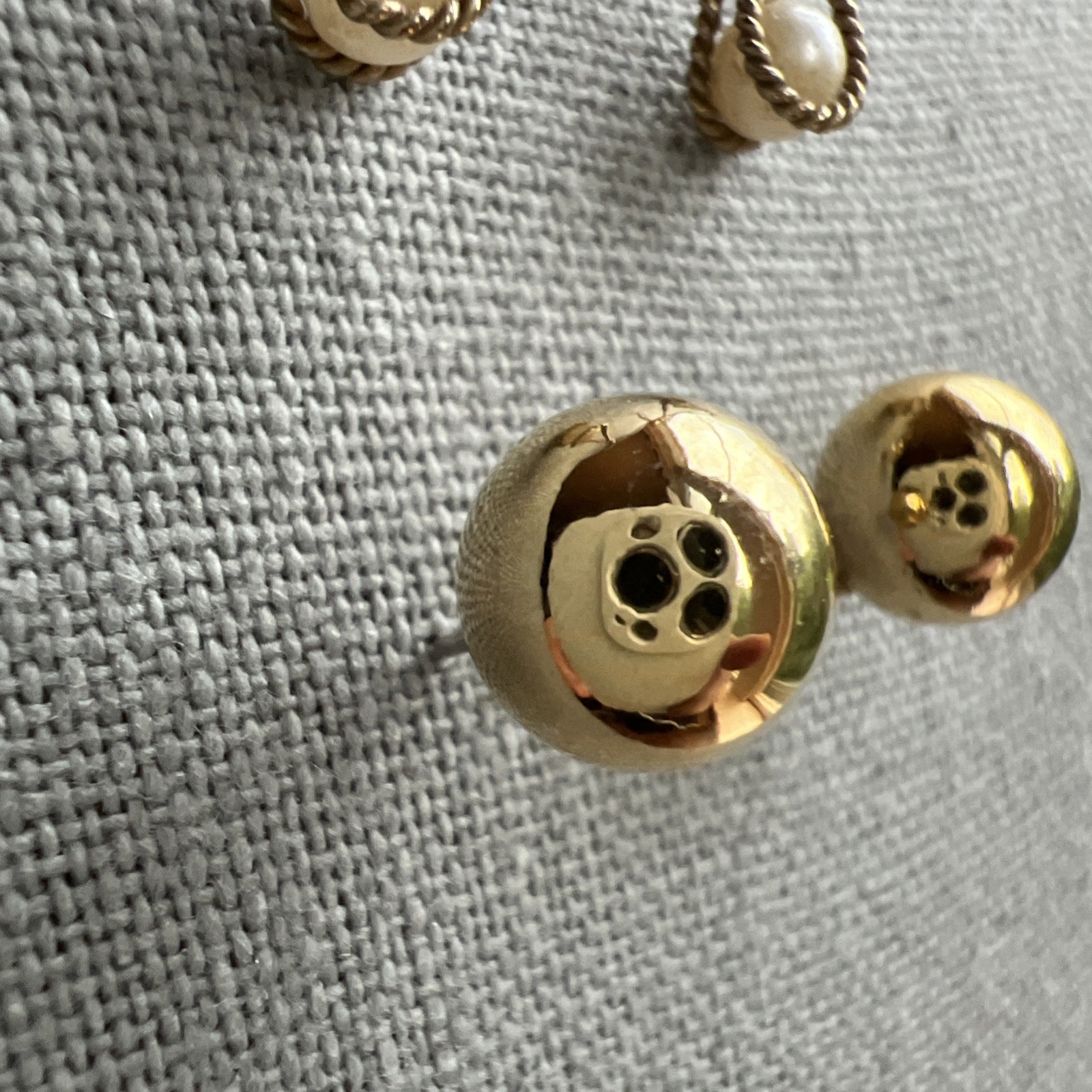 Two Pair Vintage Gold Tone Earrings; Faux Pearl; Gold Tone Ball; Classic!