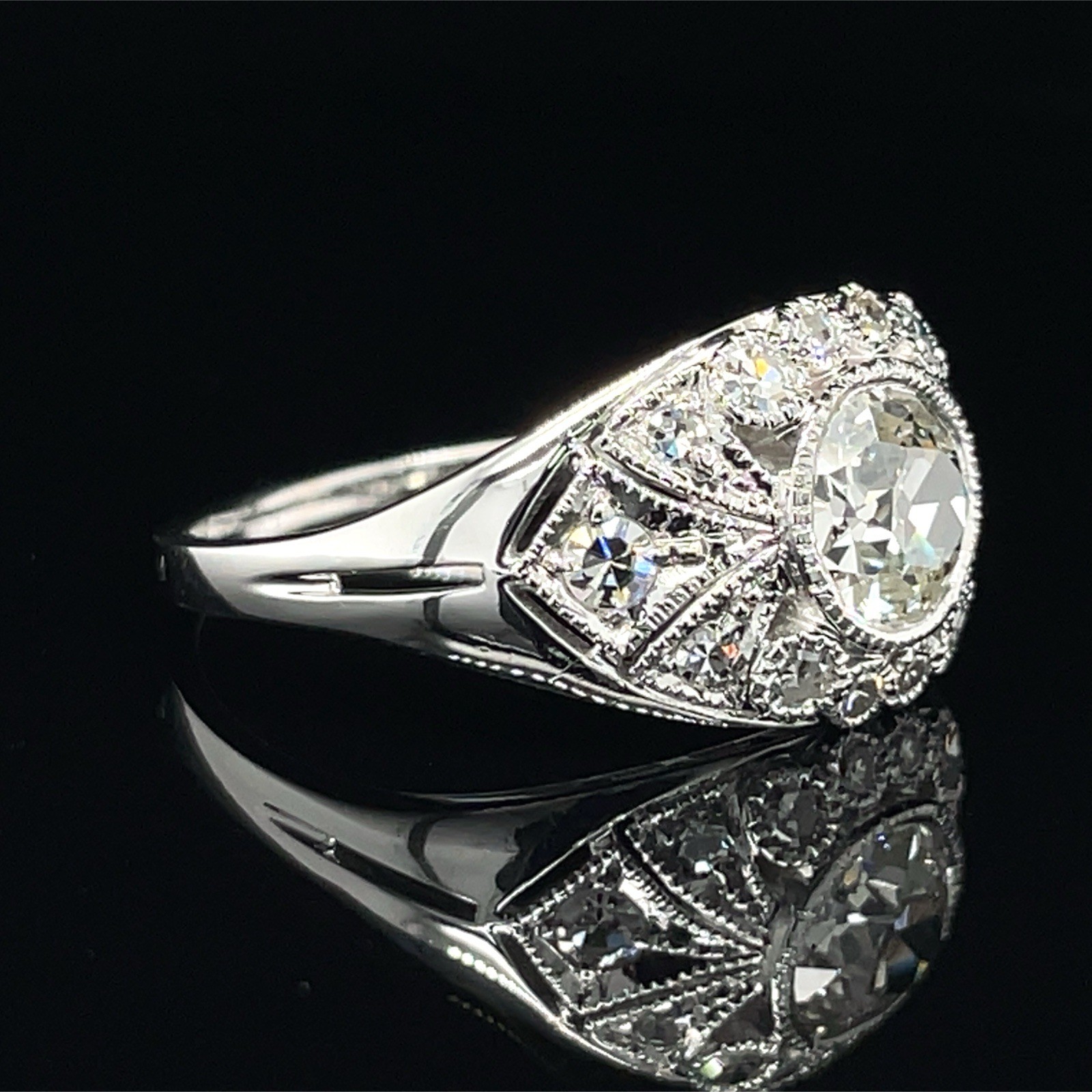 Vintage 1.00 Ctw Old European Cut Bezel Set Diamond Ring 14K White Gold
