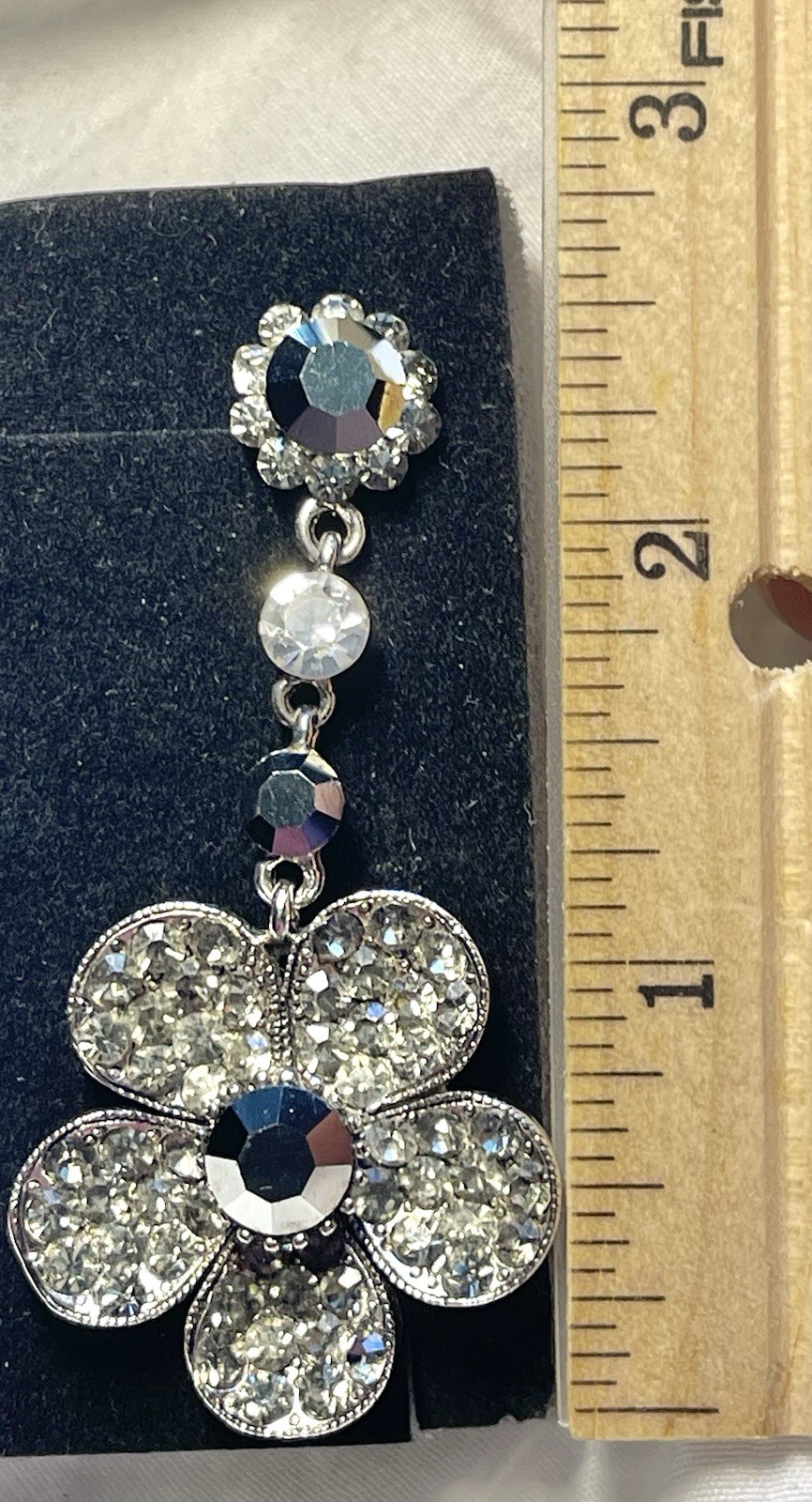VTG RHINESTONE FLOWER Post EARRINGS SSB BLACK CLEAR PAVE DANGLE DROP SILVER Tone