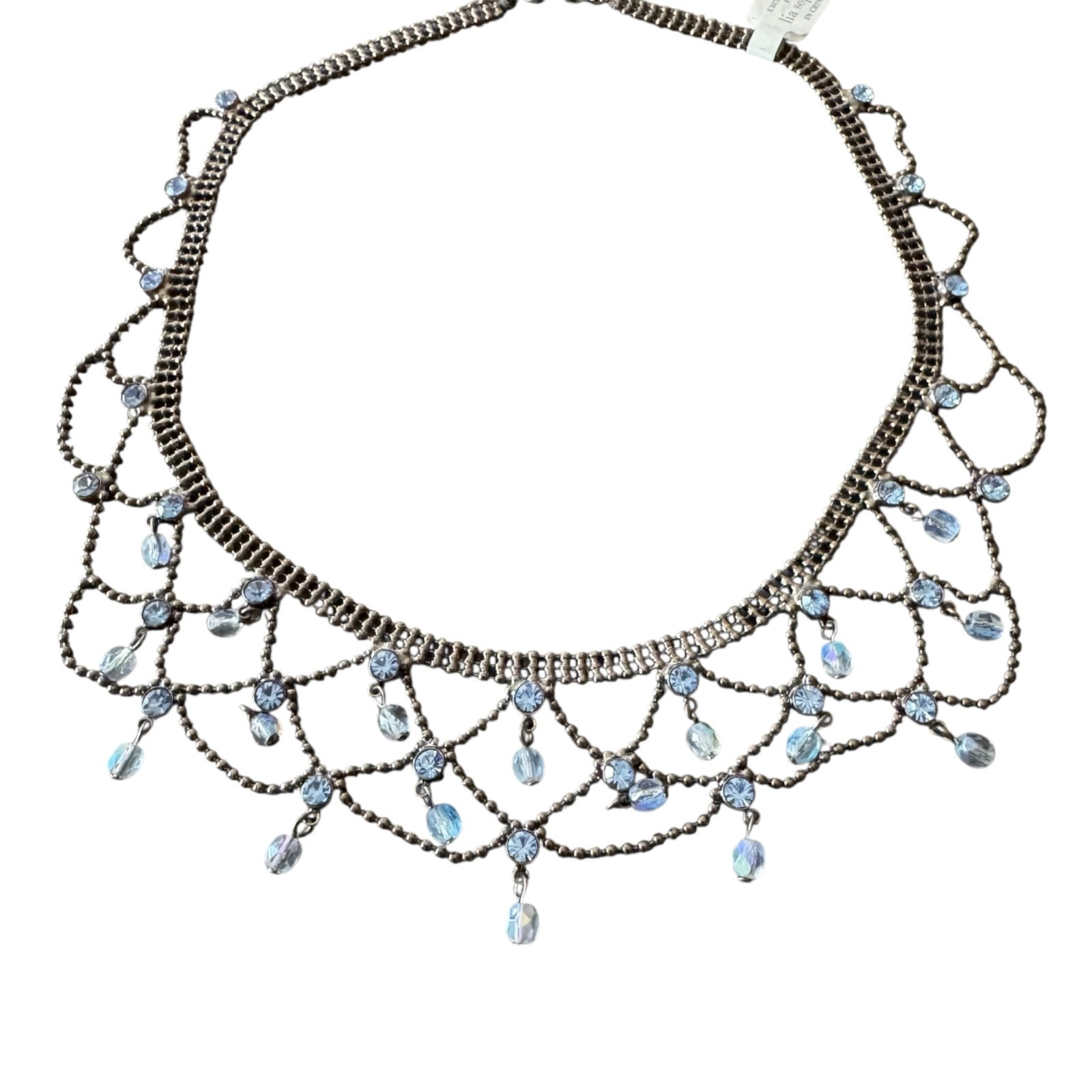 Y2K Lia Sophia Blue Rhinestone Lace Bib Choker Necklace Coquette Bead Fringe