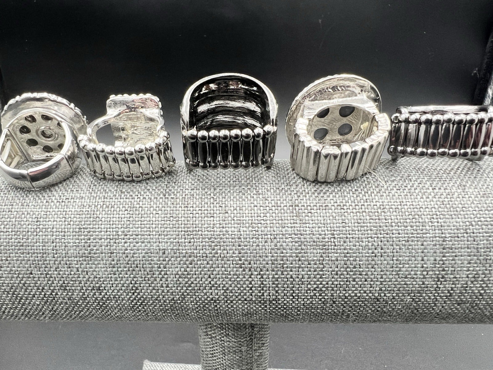 5 Vtg to Modern Silver Tone Stretch Band Ring Lot Black Blue Rhinestone One Size