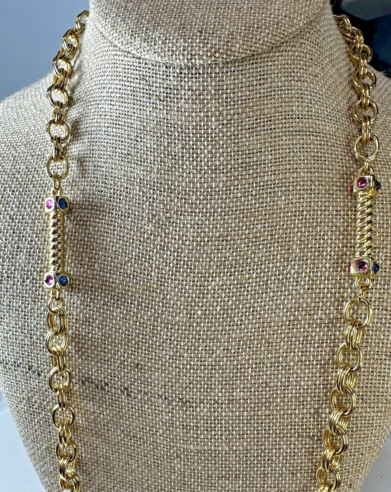 Vintage Necklace Station Bar Goldtone Chain Cabochon Colorful Royal Style 34 in