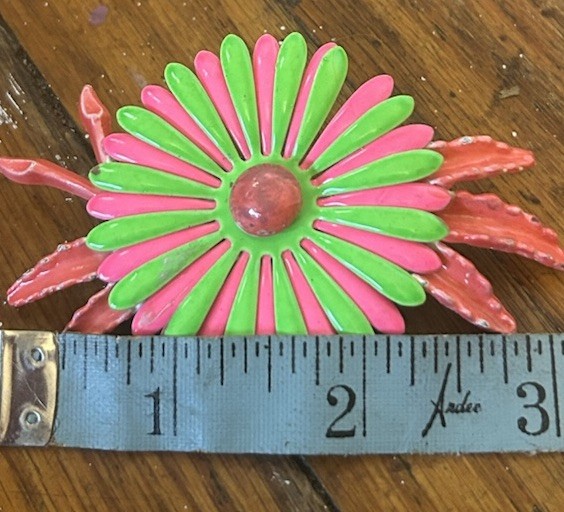 Vintage 1960s Brooch Pin Flower Enamel Lime Green Hot Pink
