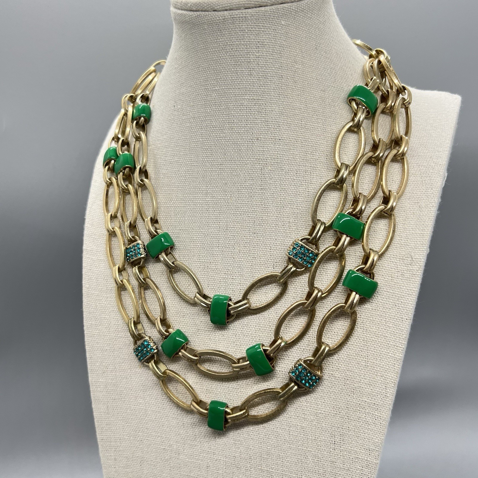 Coldwater Creek Green Enamel Blue Rhinestone Multi Strand Necklace Gold Tone