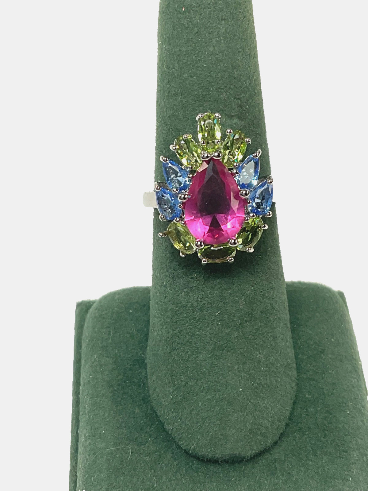 Ladies, Sterling Silver Pink w/ Multi Color Gemstones Ring, Size 8