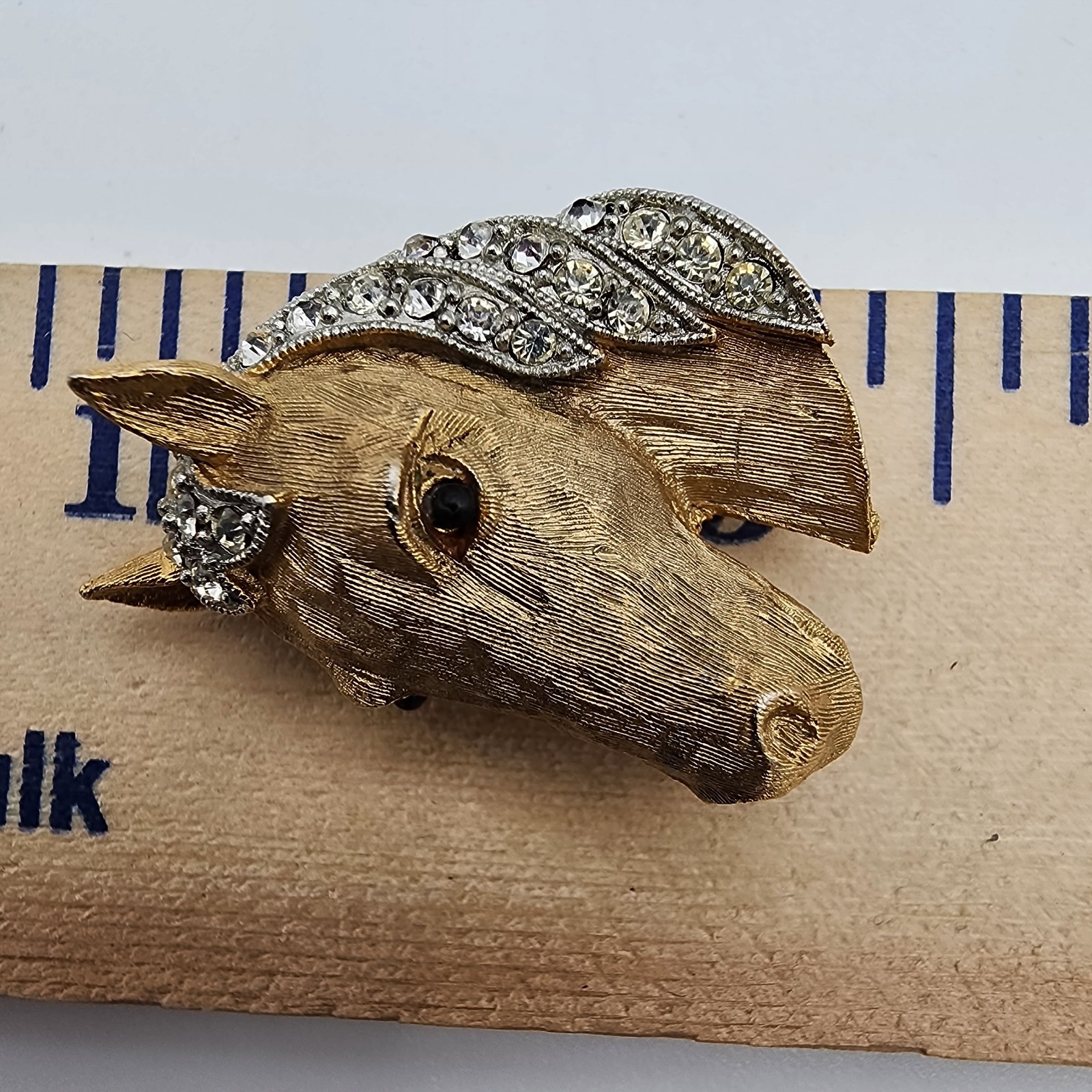 VTG Signed JJ Jonette Jewelry Horse Head Stallion Brooch Gold Tone Rhinestone