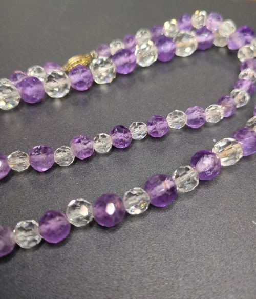 Vintage Amethyst Crystal Beaded Necklace Sterling Vermeil Clasp 32 Inch