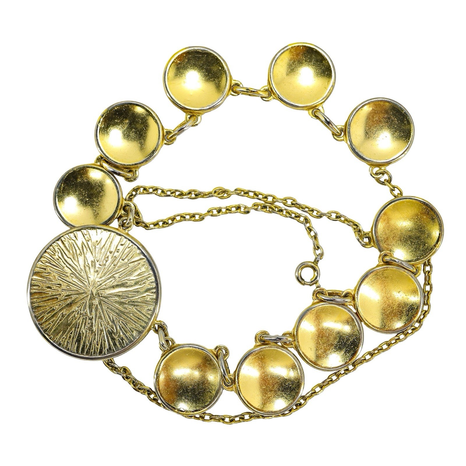 Vintage Mid Century Japanese Style Damascene Coin Charm Necklace Black Gold 18”