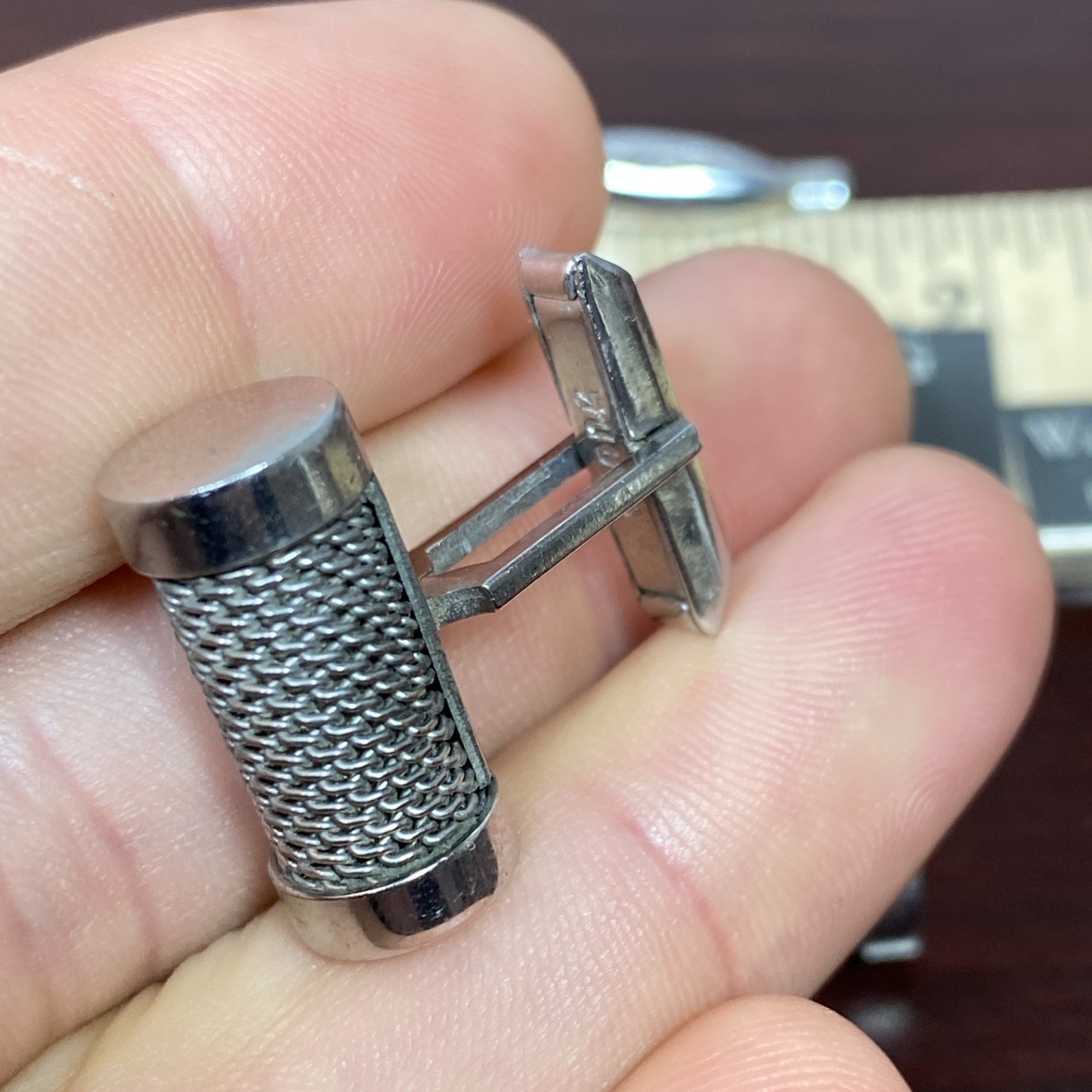 Vtg Round MESH Swank Cuff Links Tie Clip Bar Set (LOOKS LIKE A RETRO MICROPHONE)