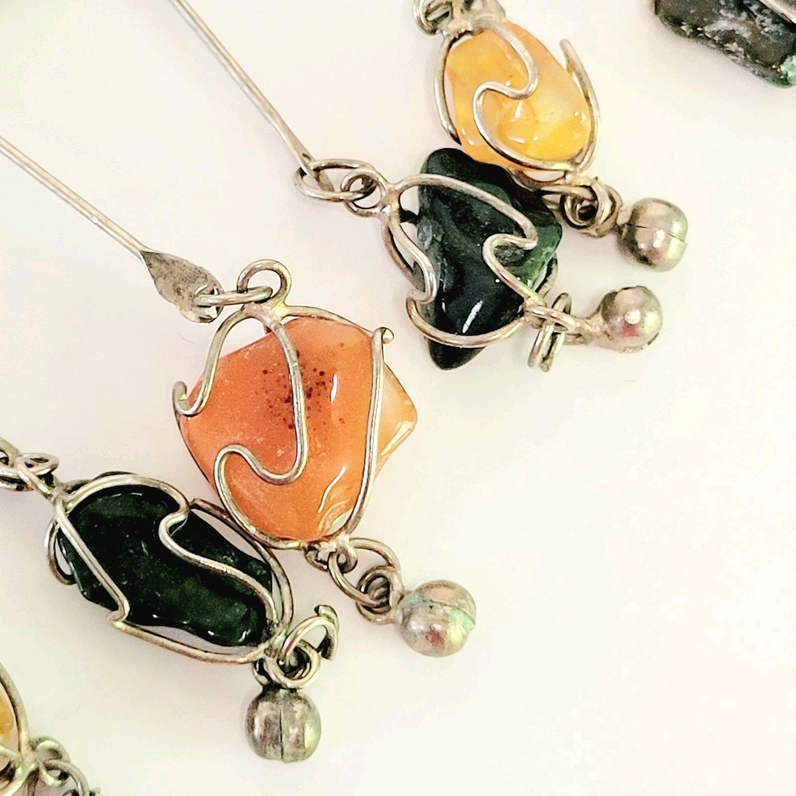 Vtg Wire Wrapped Caged Gemstone Agate Necklace Bib Dangle 21″ 1970s Boho Silver