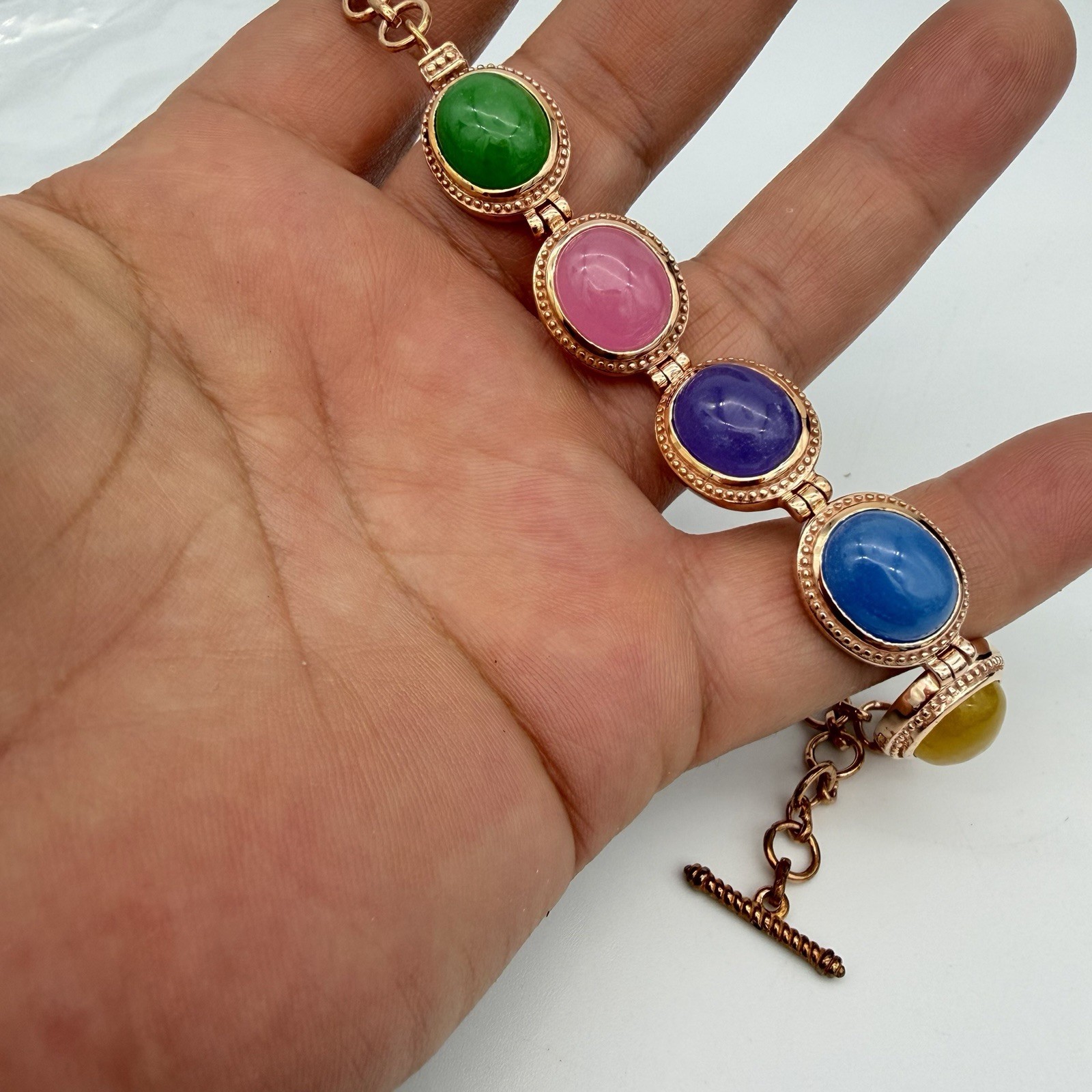 Vtg Jade Multi Colored Tennis Bracelet Solid Copper QVC Or HSN Jewelry Estate