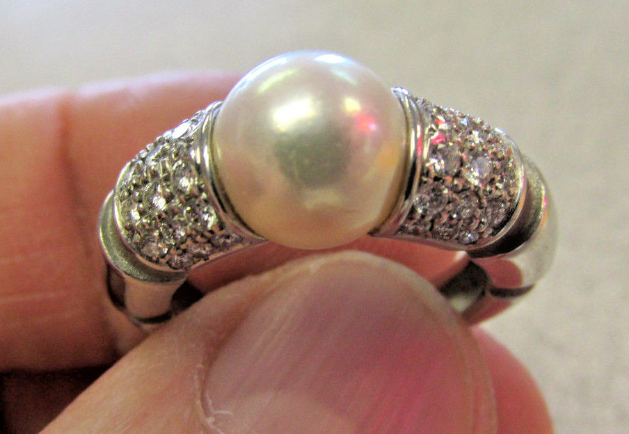 Mauboussin Tension Set Pearl & Diamond Ring 18k White Gold size 6 Make Offer