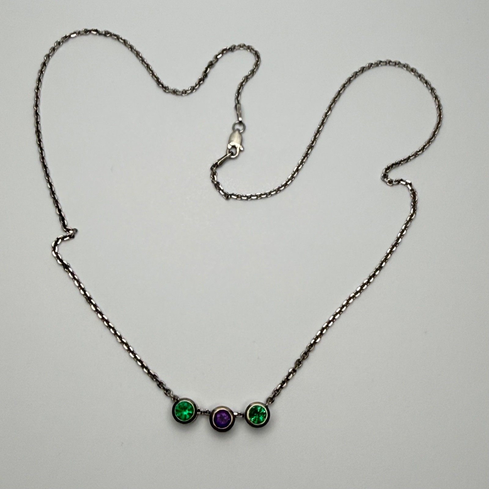 Vintage Sterling Silver 3 Stone Sliding Bezel Station Necklace Green & Purple CZ