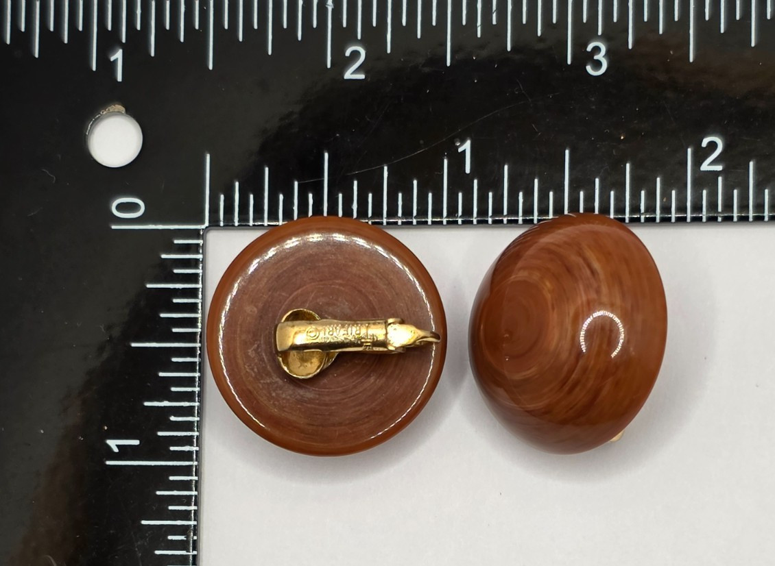 Vintage Crown Trifari Lucite Brown Wood Grain and Gold Tone Clip Earrings