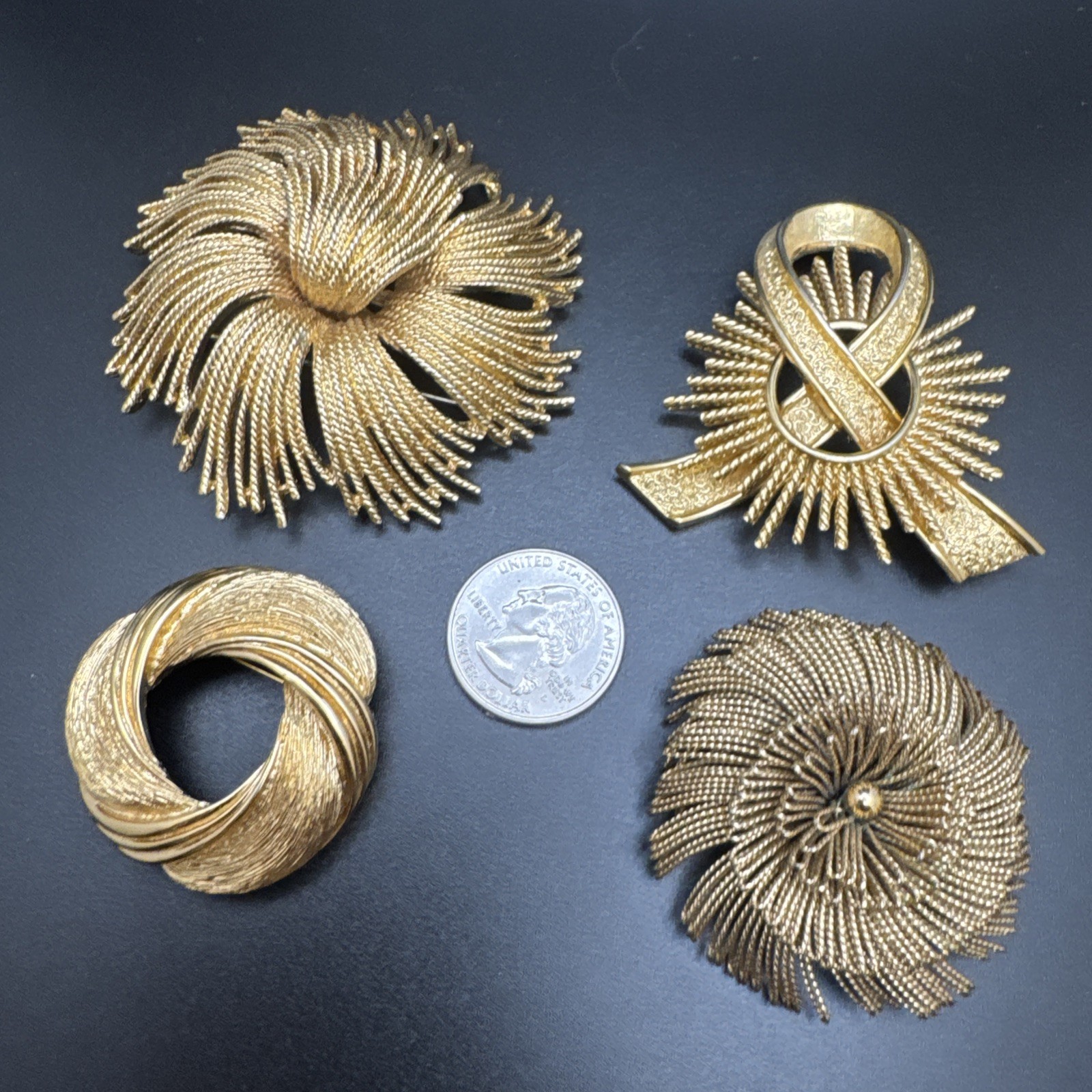 Vintage Monet Brooch Lot Gold Tone Textured Swirl Ribbon Knot Pins 4pc Signed