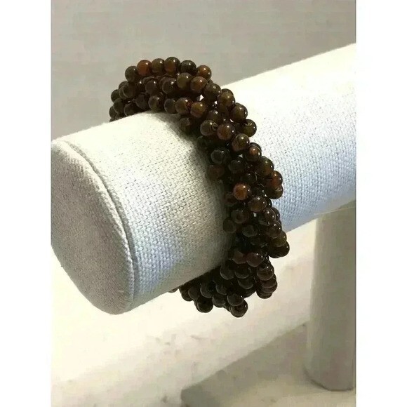 Vintage Stretch Brown Beaded Bangle Bracelet Chunky Retro Bohemian Balinese Poly