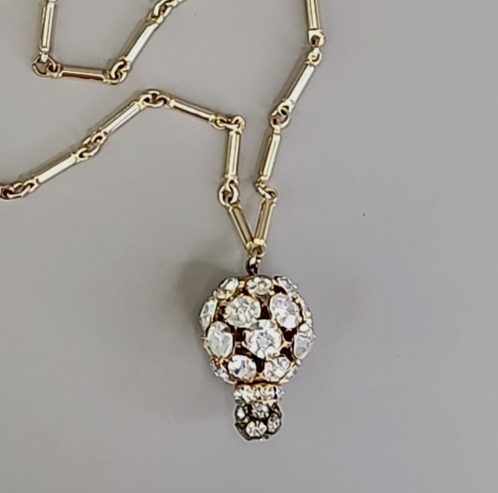 Vintage Rhinestone Ball Necklace Gold Tone Bar Link Chain 19″