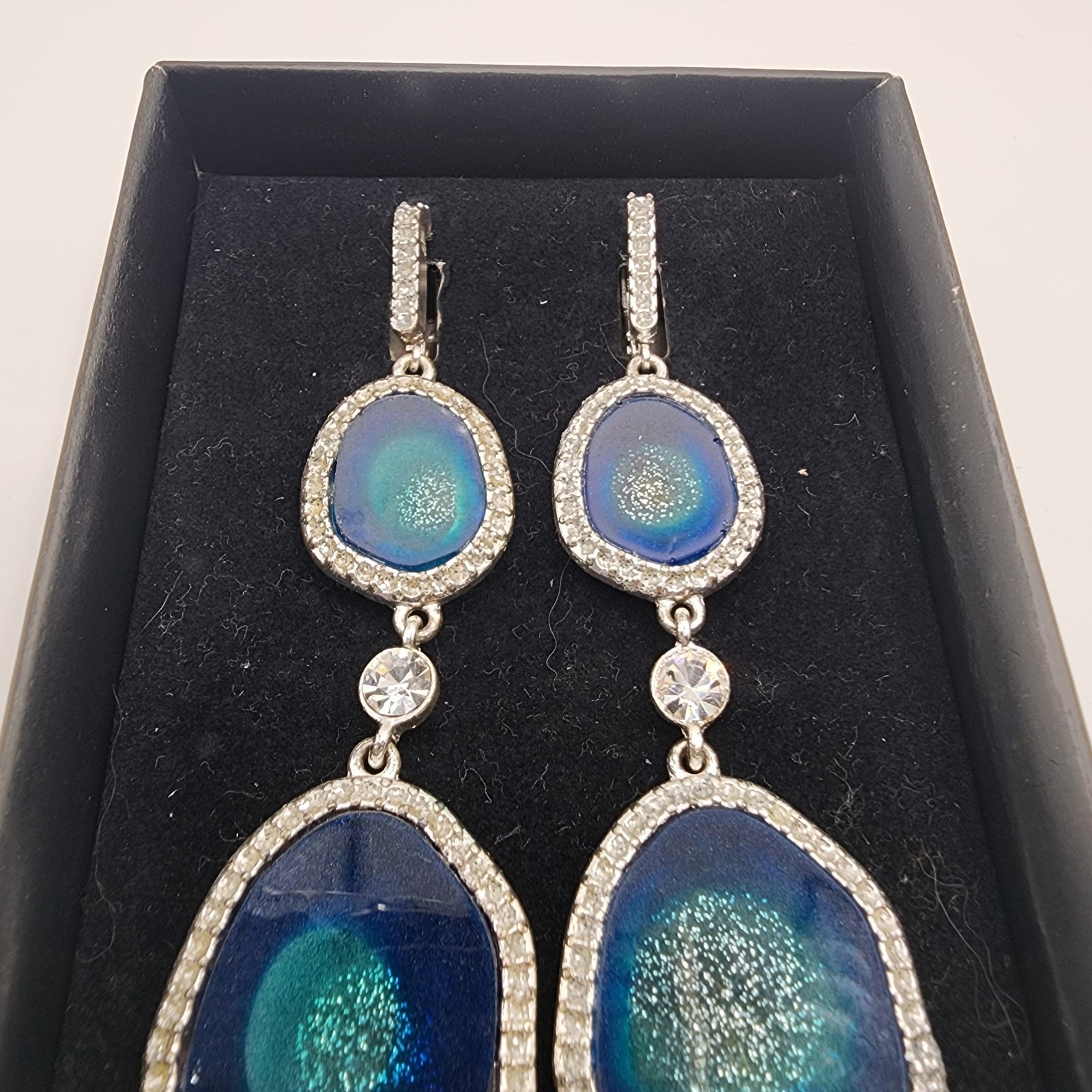 Vintage Silver Tone With Gems Women’s Earrings Geode Slices Stones Dangle Blue!