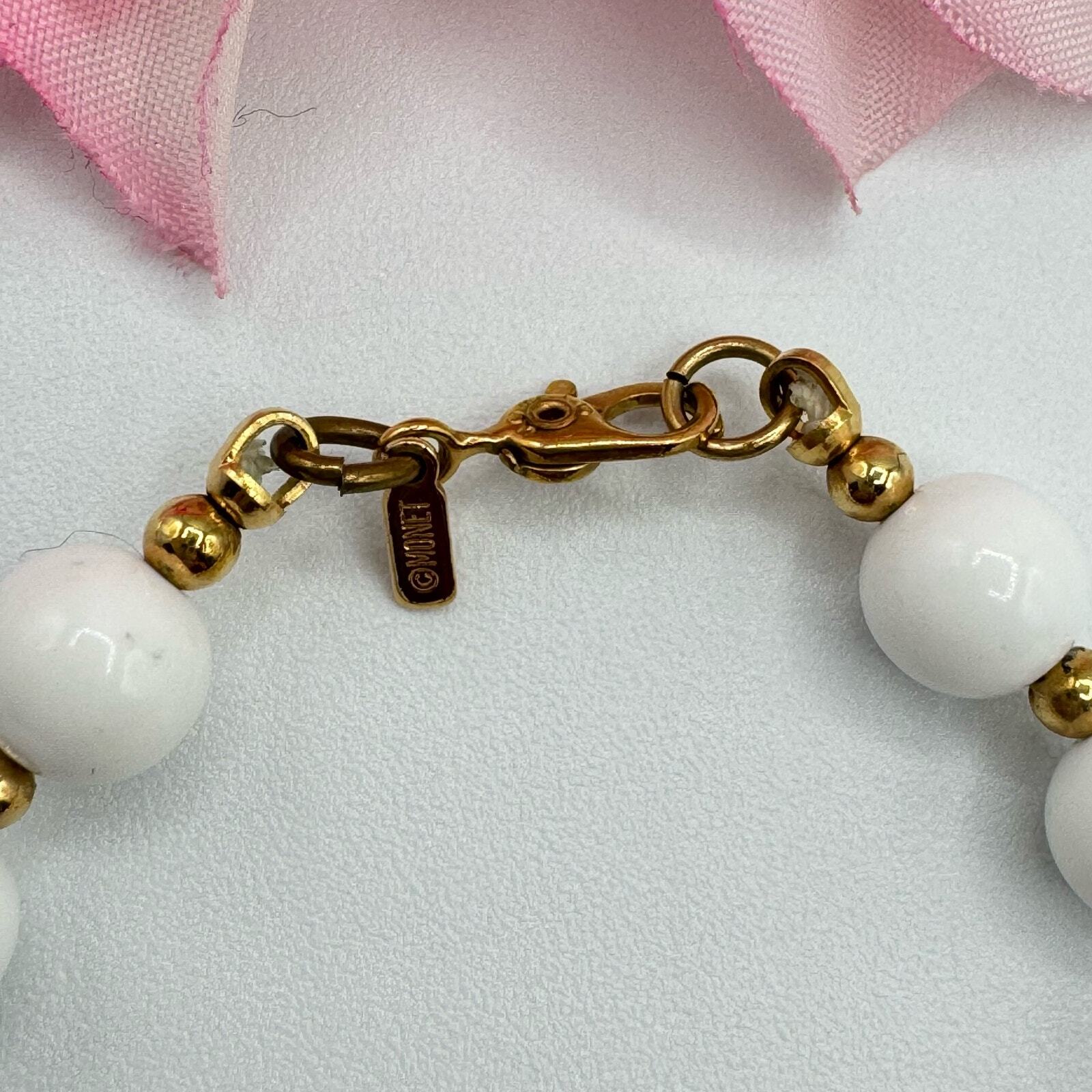 Vintage Monet White Beaded Signed Bracelet Gold Tone Chic Classic Sister Clasp