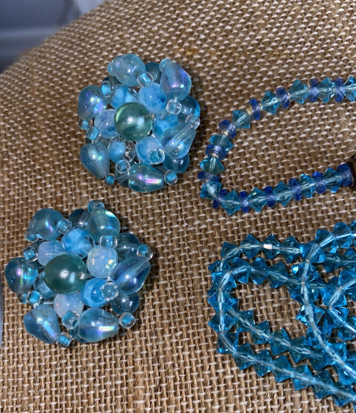 Signed On Earrings, Germany, Iridescent Clip On Earrings, Blue Crystal Necklace