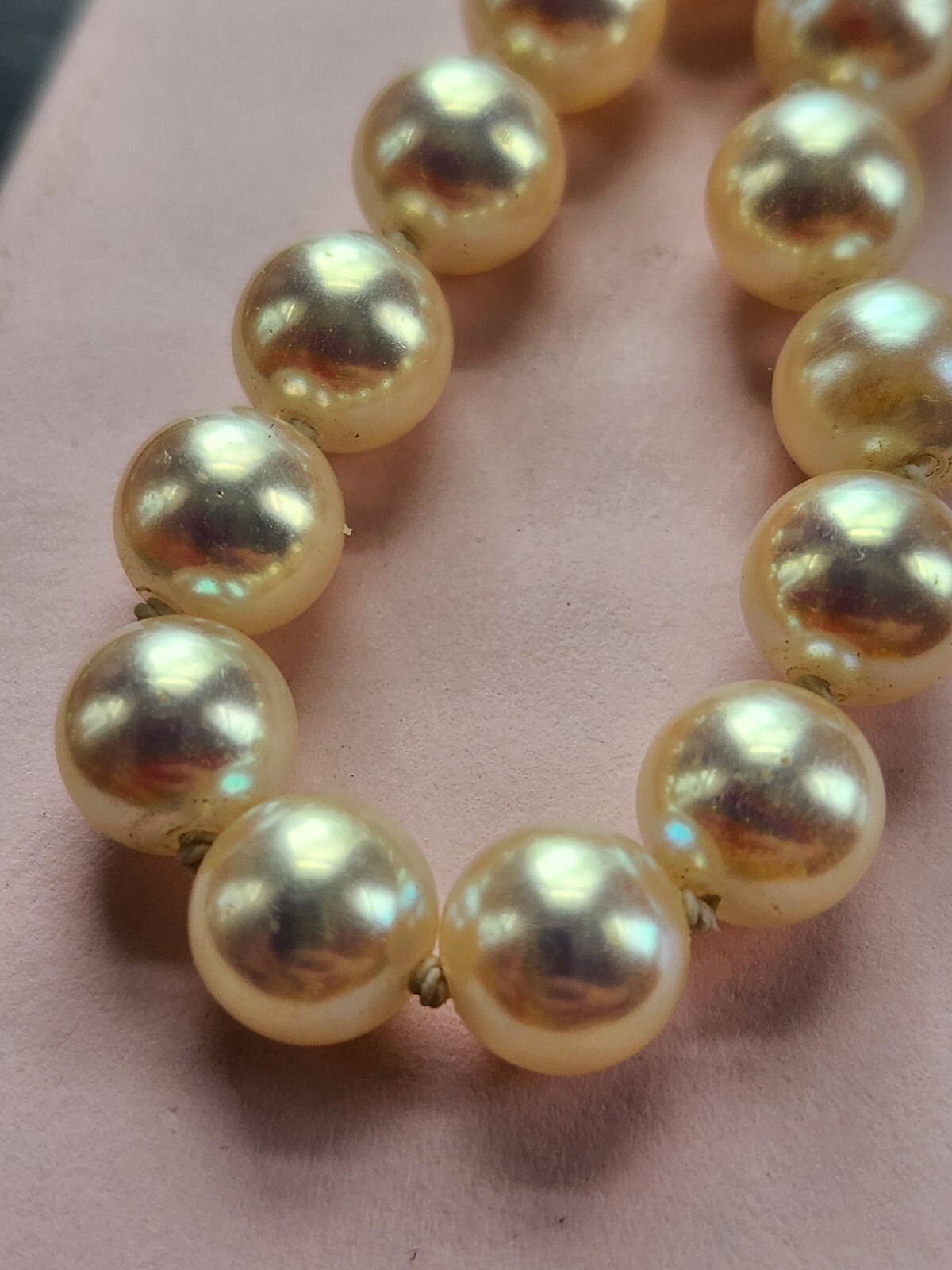 Heavy Hand-Knotted Faux Pearl Necklace 19″ Sheen 8mm Hook Clasp Marked 835 VTG
