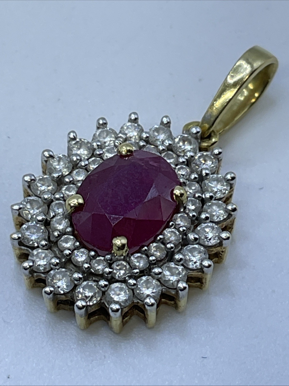 VINTAGE HANDMADE Solid 18K(750) Y.Gold Ruby & Diamonds DOUBLE HALO Style Pendant