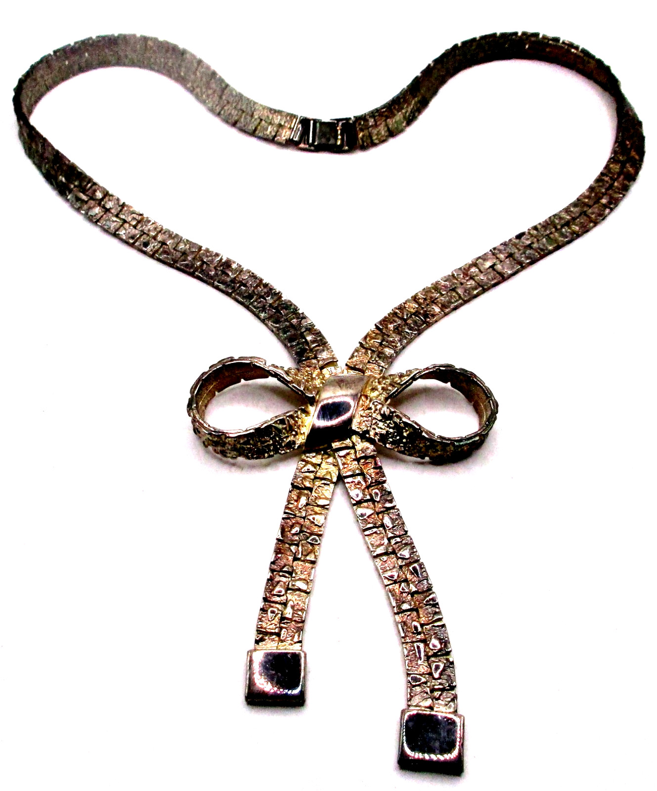 Vintage 1980’s Articulated Gold-tone Nugget Bow Ribbon Necklace and Earrings Set