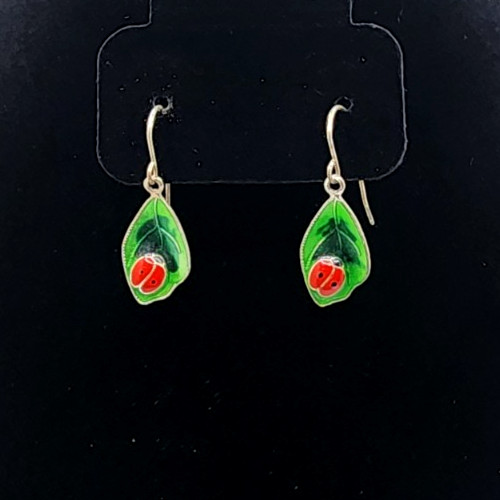 Vintage Avon Green Guilloche Leaf Ladybug Enamel Dangle Hook Wire Earrings