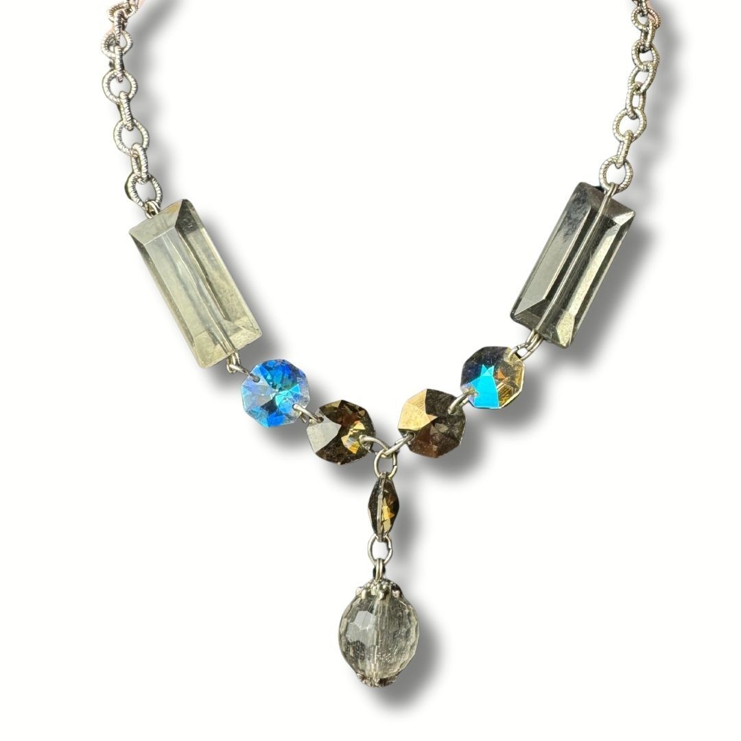 Vintage Faceted Crystal Glass Beaded Necklace Silver Tone Chain Umber Yellow