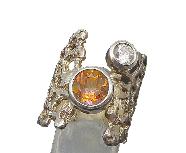 925 Silver Vintage Cubic Zirconia & Citrine Sculpted Band Ring Sz 8.5 RG22387