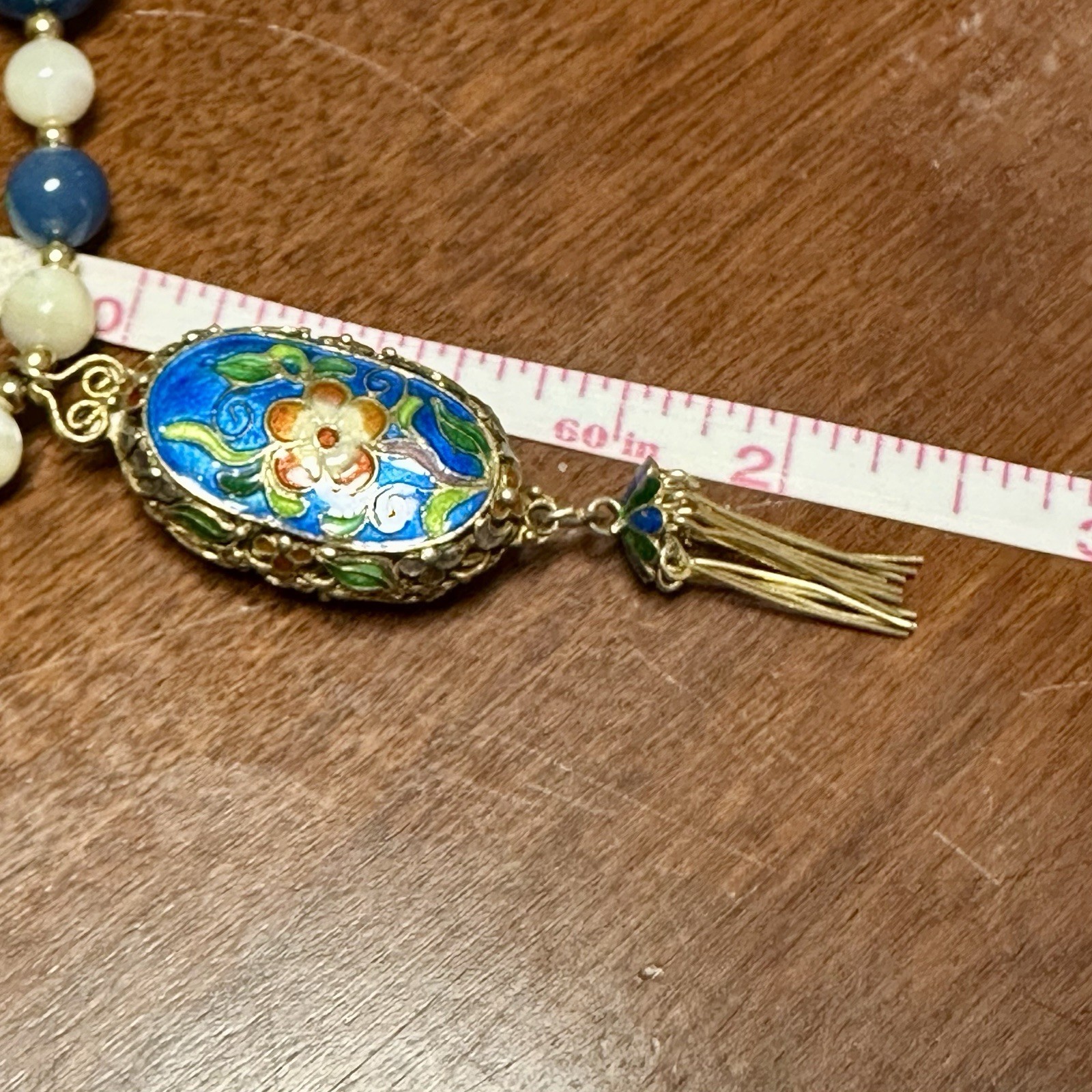36” Vtg Cloisonné Pendant Tassel Beaded Necklace Mother Of Pearl Chinoiserie